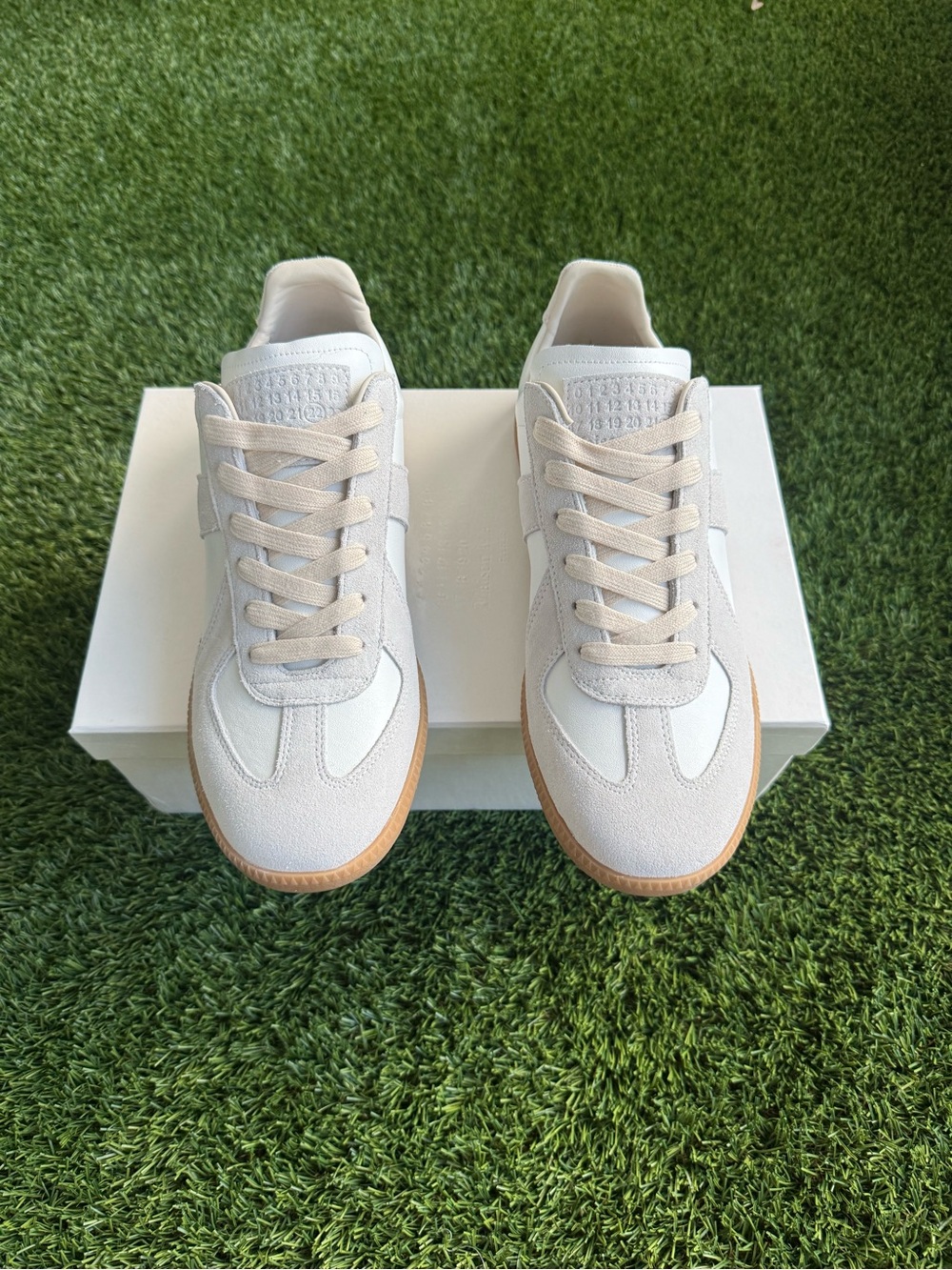 Maison Martin Margiela Men's White and Cream Suede Sneakers with Gum Sole